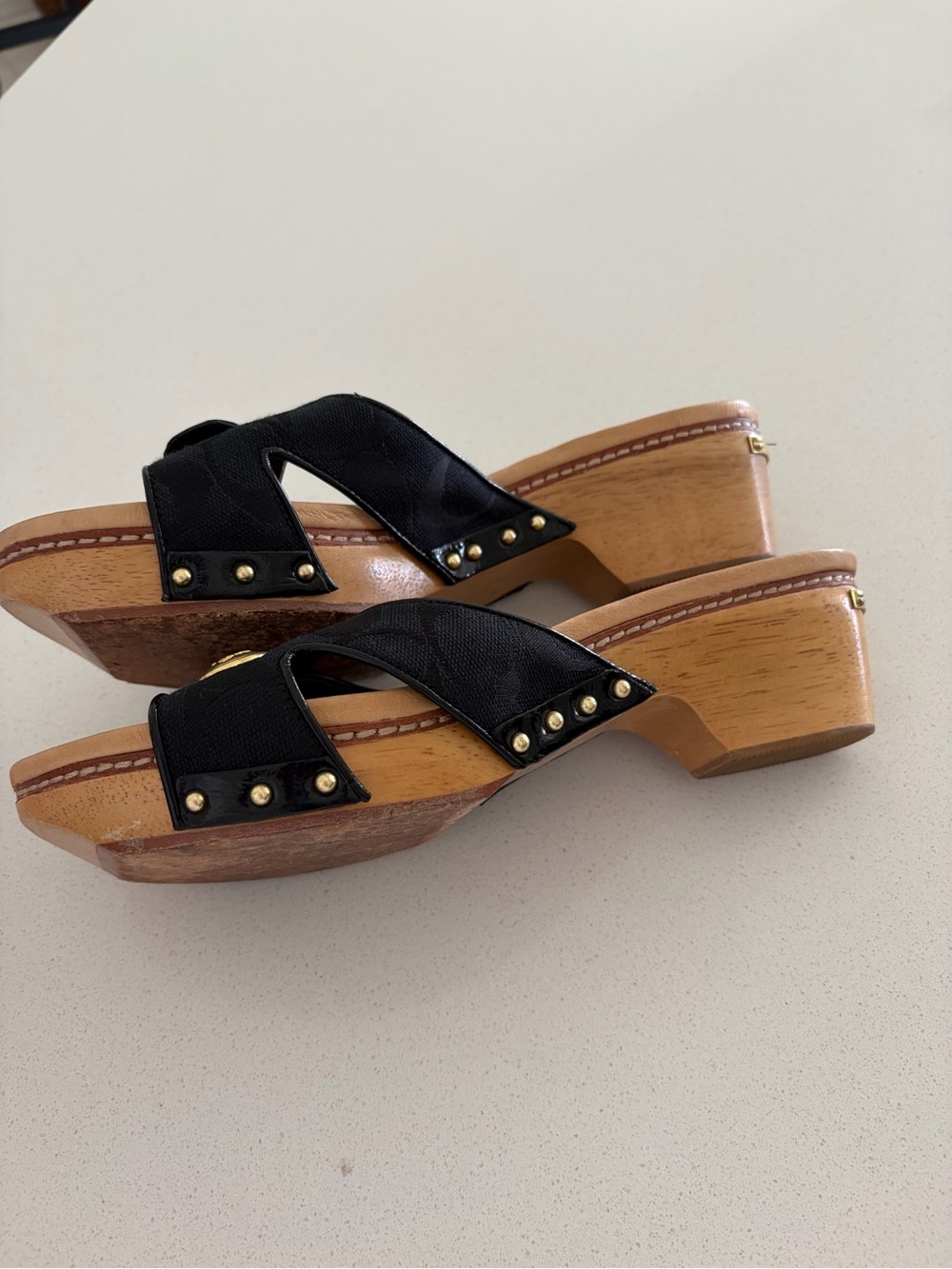Coach Lee Black logo embossed Leather & Canvas Slide Mules w/ Gold Coach Button - Picture 2 of 6